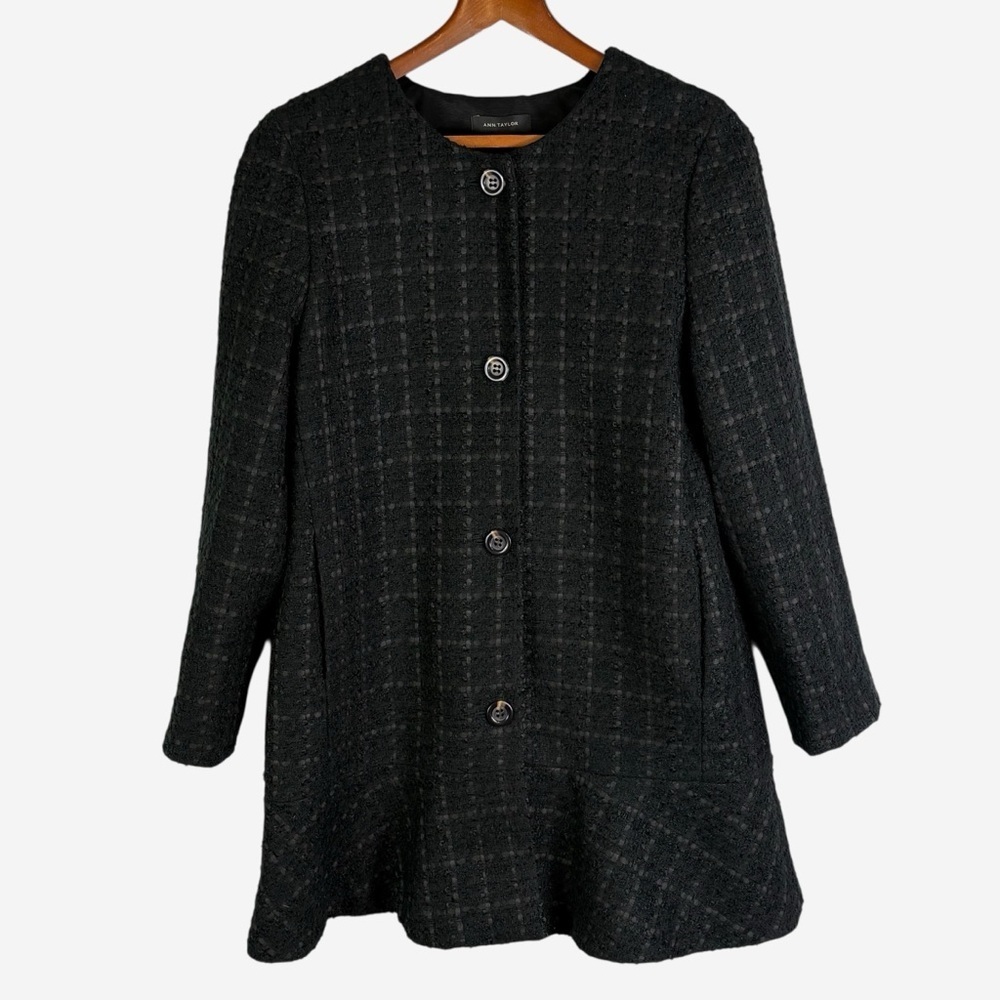NWT Ann Taylor Black Windowpane Wool Blend Peplum Hem Coat • Size M • MSRP $169